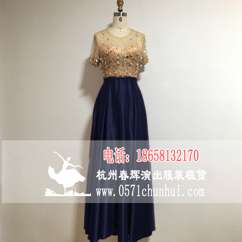 CLF 11910 女生晚禮服 長(zhǎng)款主持服裝 舞臺(tái)走秀服裝 高檔重手工釘珠禮服 藏青色緞面